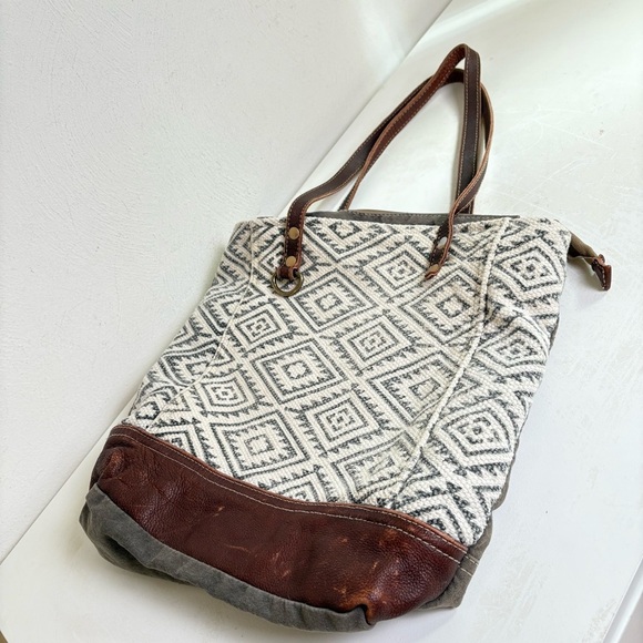 MYRA BAG Solemn Aztec Diamond Tote Bag Canvas Leather Double Strap Boho Neutral - Picture 9 of 17
